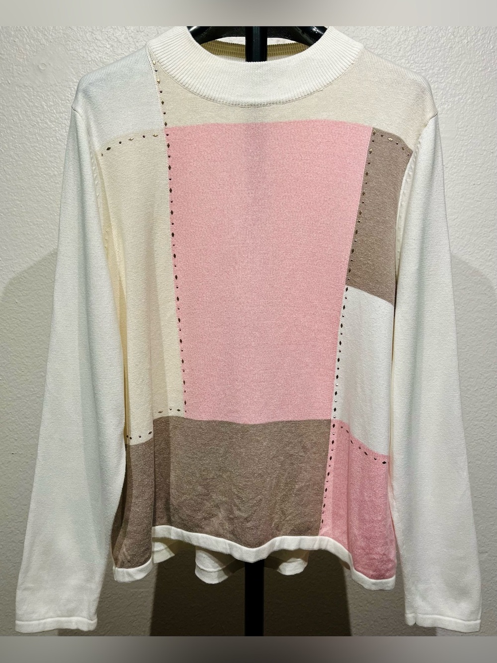 Allison Daley Pink, Cream & Brown Colorblock Crewneck Top - Size LP (Women’s)